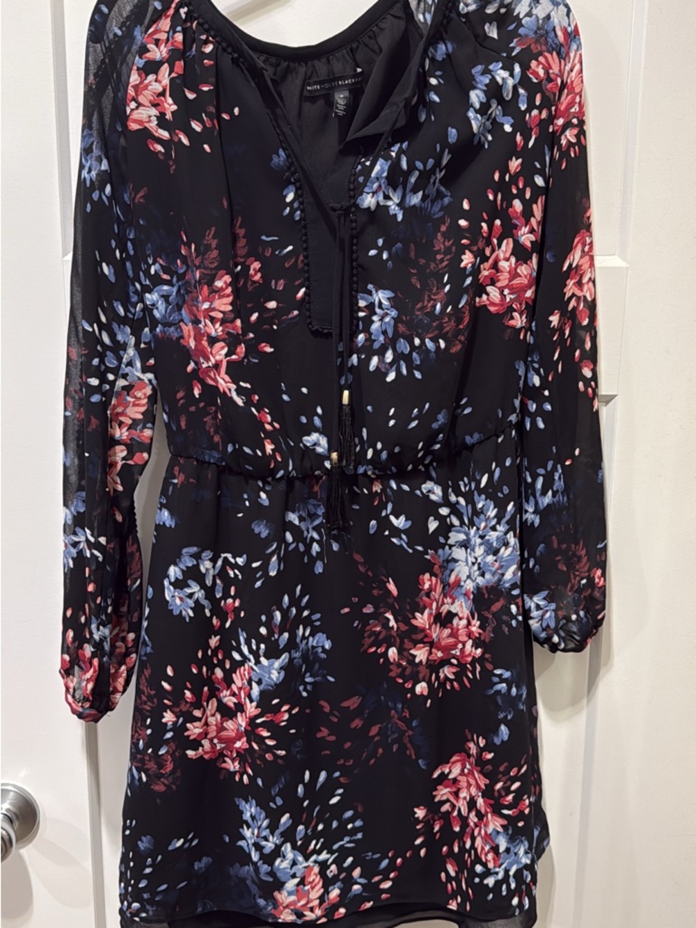 White House Black Market Black Floral Tie-Neck Long Sleeve Dress